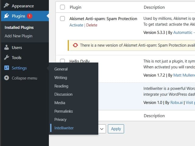 Step 4 : Open the intelliwriter plugin settings